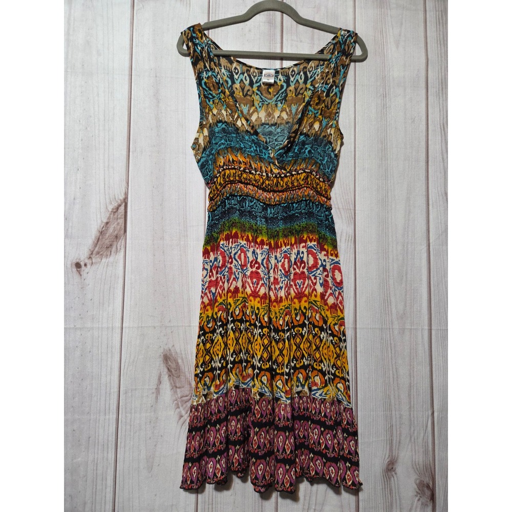 Bila Womens Multi Color Boho Tribal‎ Ikat Print Smocked Waist Rayon Midi Dress M